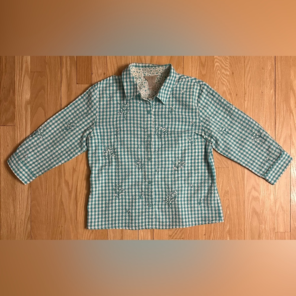 Teddi Gingham 3/4 Sleeve Embroidered Floral Teal White Button Up Blouse, Size M